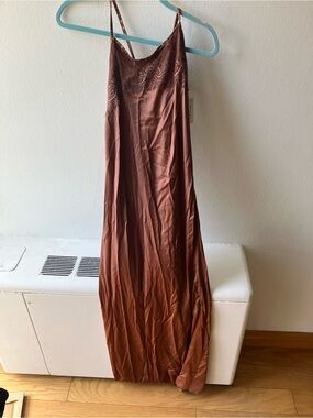 Nigel Preston Copper Brown Slip Dress with Lace Trim